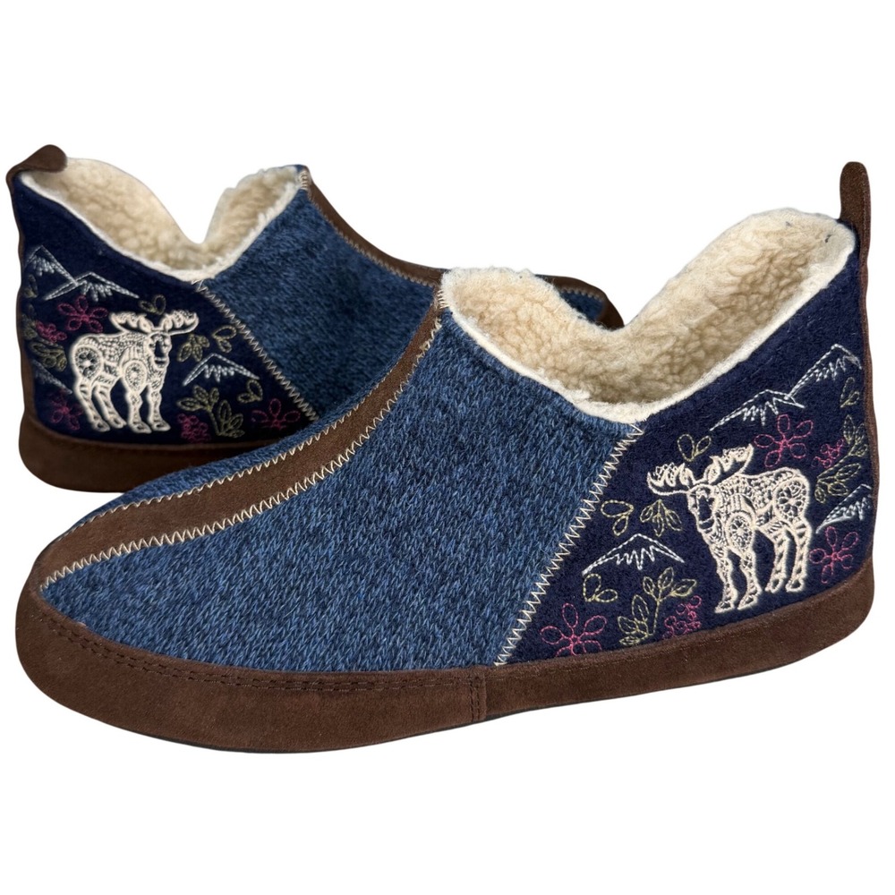 Acorn Women 9.5 Forest Bootie Slipper Wool Suede Lounge Cozy Moose Blue